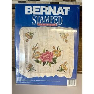 VTG Bernat Stamped Embroidery Stitch Candlewicking Kit Peony Pillow 14x14 Sealed